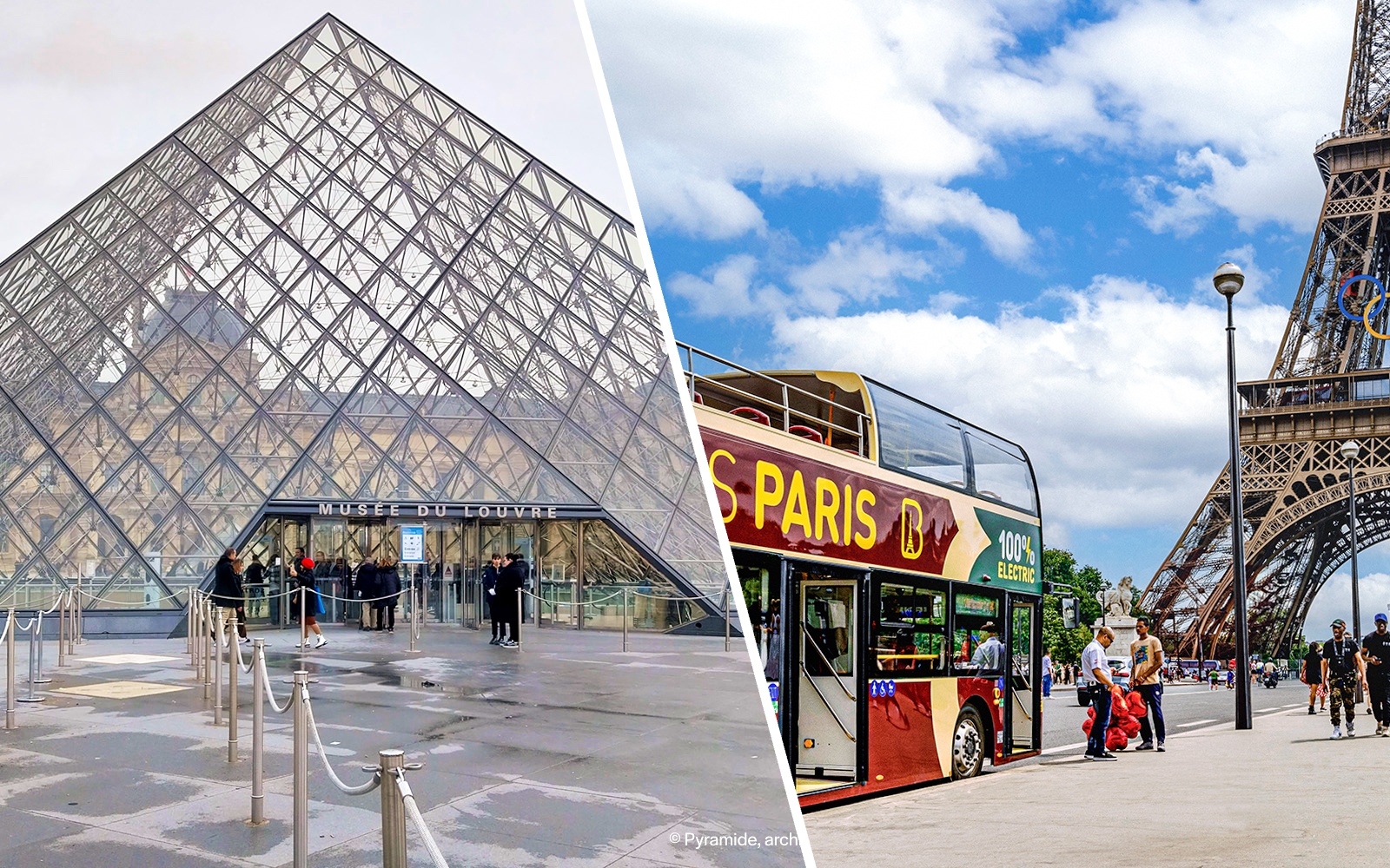 Tourists entering Louvre Museum through glass pyramid entrance in Paris.