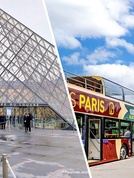 Tourists entering Louvre Museum through glass pyramid entrance in Paris.