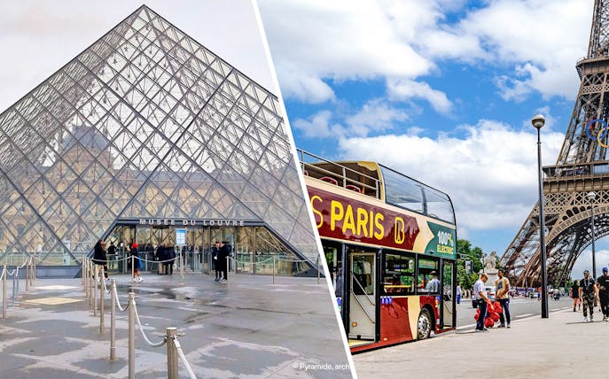 Tourists entering Louvre Museum through glass pyramid entrance in Paris.