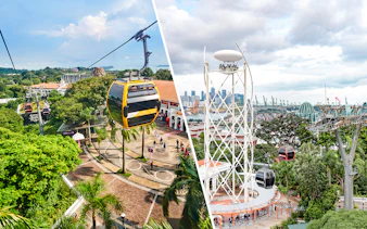 Singapore Cable Car and SkyHelix Sentosa with city skyline in the background.