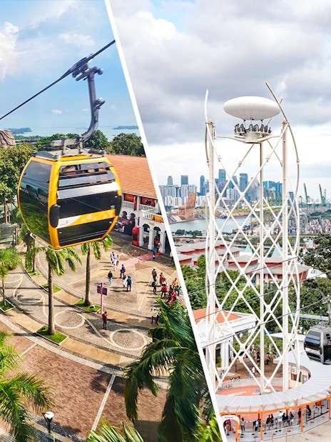 Singapore Cable Car and SkyHelix Sentosa with city skyline in the background.