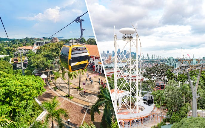 Singapore Cable Car and SkyHelix Sentosa with city skyline in the background.