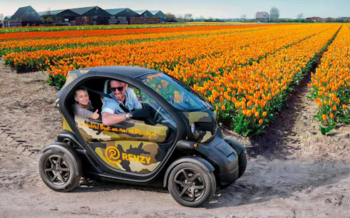 Electric car driving through tulip fields in Keukenhof during self-drive audio tour.