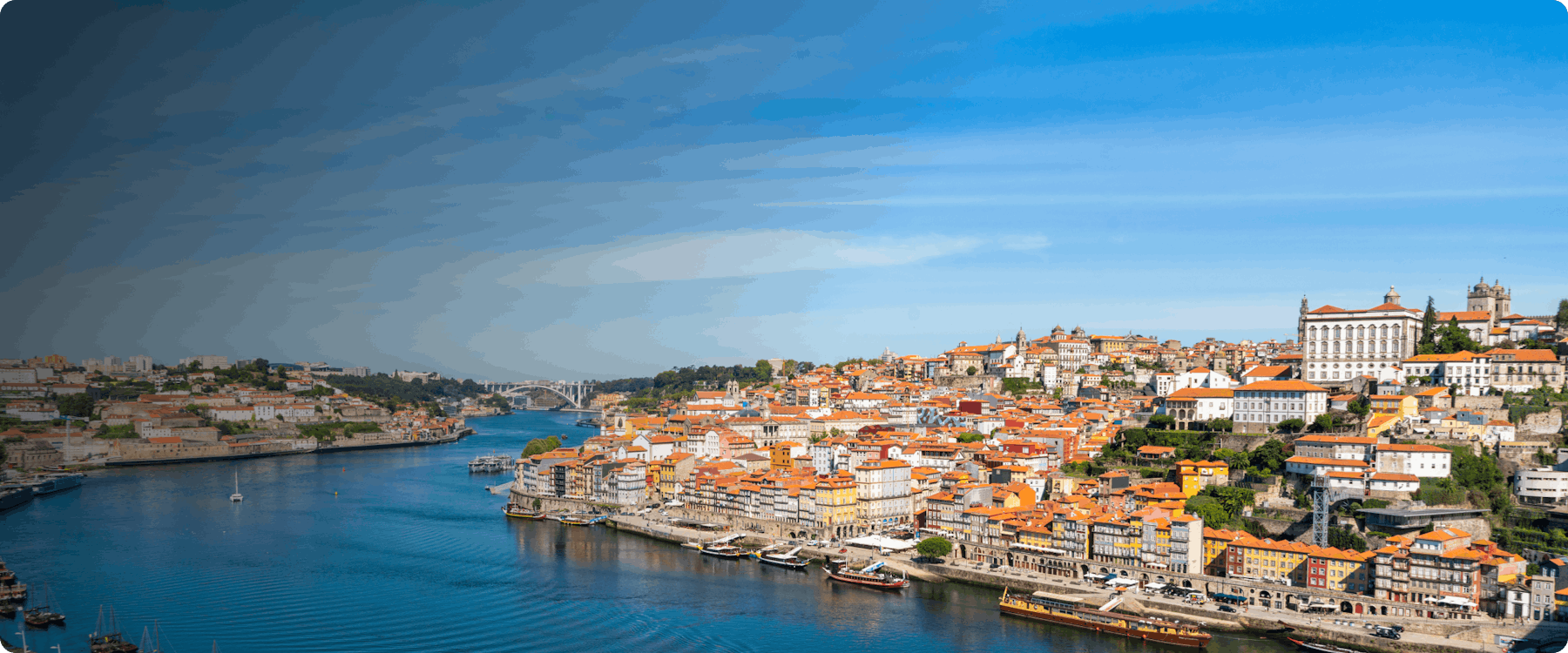 Porto cityscape with Douro River and historic buildings in Portugal.