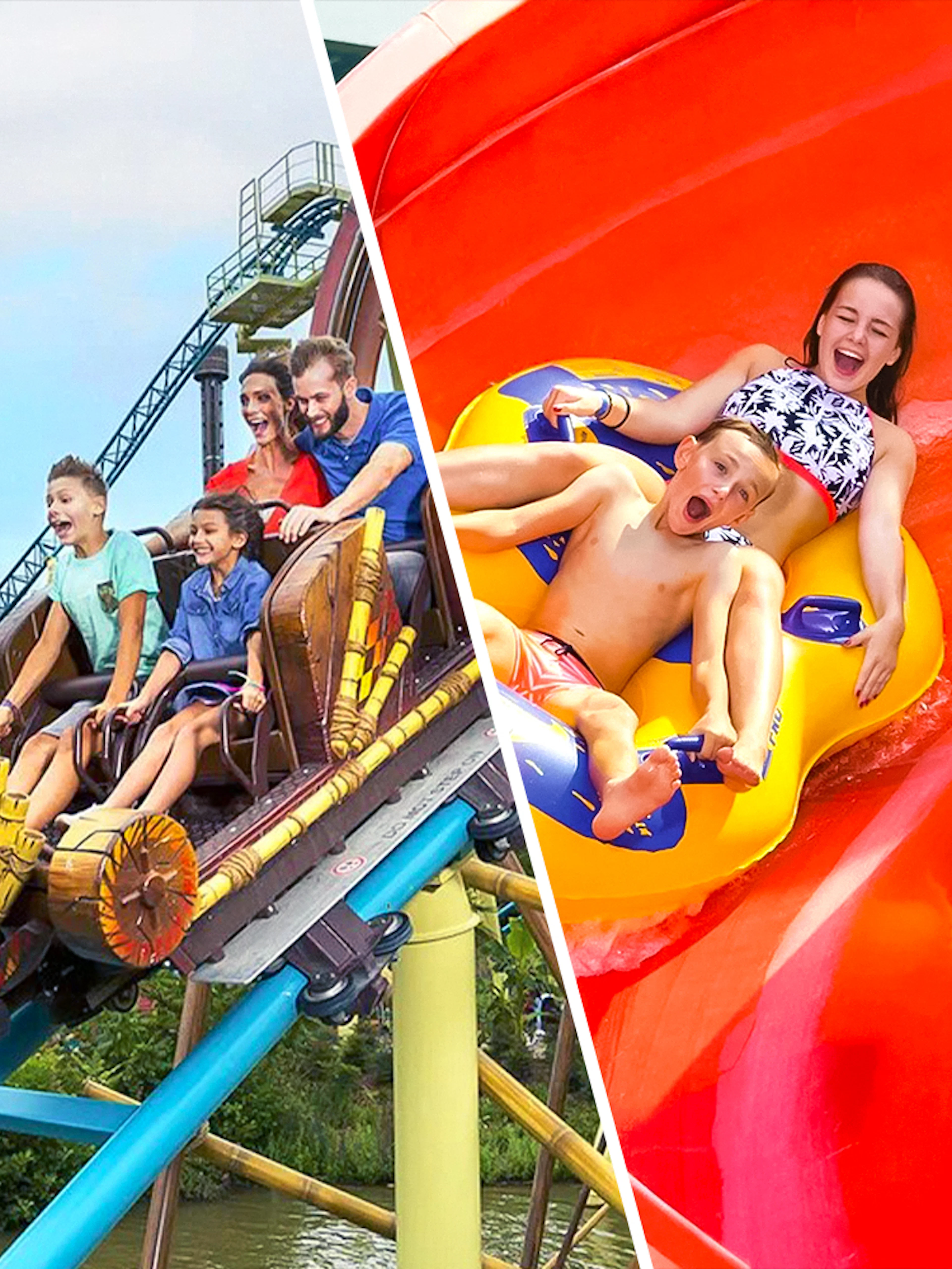 Tiki Waka roller coaster and Aqualibi water slide with excited riders.