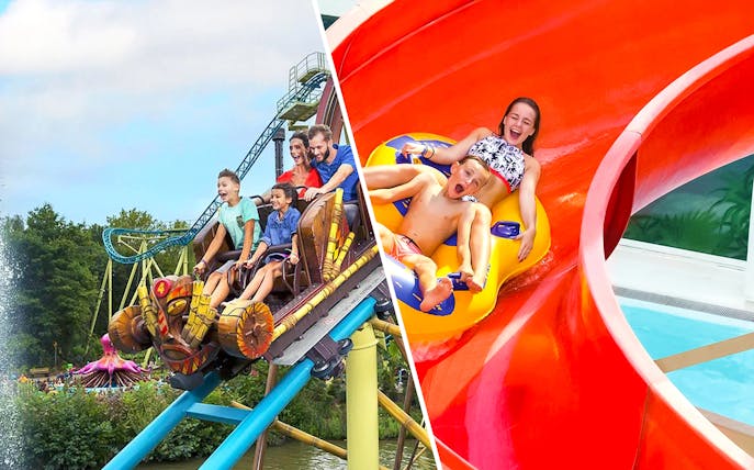 Tiki Waka roller coaster and Aqualibi water slide with excited riders.