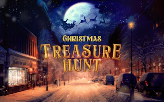 Berlin Christmas Treasure Hunt game with snowy street and Santa's sleigh in the sky.