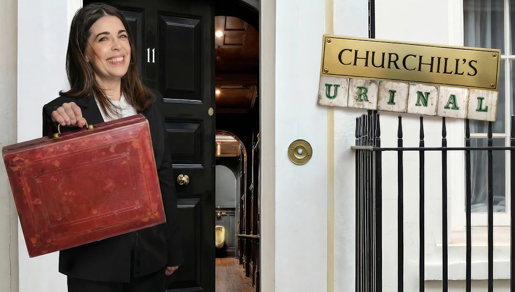Person holding a briefcase outside a door labeled "Churchill's Urinal" with interior visible.