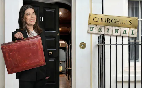 Person holding a briefcase outside a door labeled "Churchill's Urinal" with interior visible.