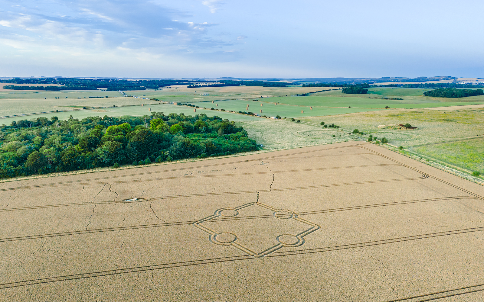 Aerial view of crop circle in a field near Normanton Down, close to Stonehenge.