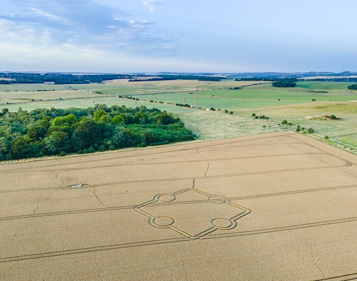 Aerial view of crop circle in a field near Normanton Down, close to Stonehenge.