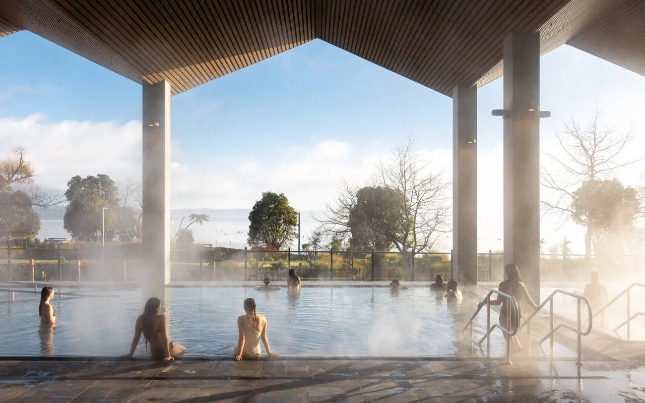 Visitors enjoying mineral bathing in the Hydropool at Wai Ariki Hot Springs, Rotorua.