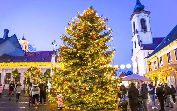 Szentendre Christmas Market with decorated tree and people enjoying the festive atmosphere.