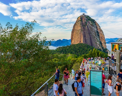 Christ the Redeemer statue overlooking Sugarloaf Mountain in Rio de Janeiro, Brazil.