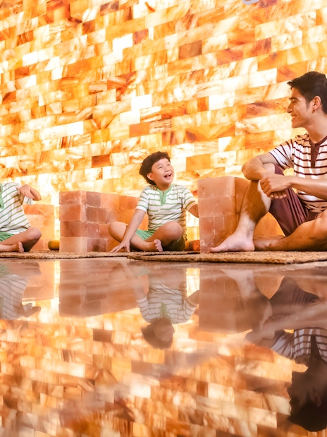 Family enjoying sauna at Aquafield Nha Trang, Vietnam's Korean-style wellness complex.