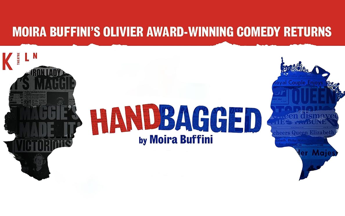Silhouettes of two figures with text 'Handbagged' by Moira Buffini, promoting comedy show.