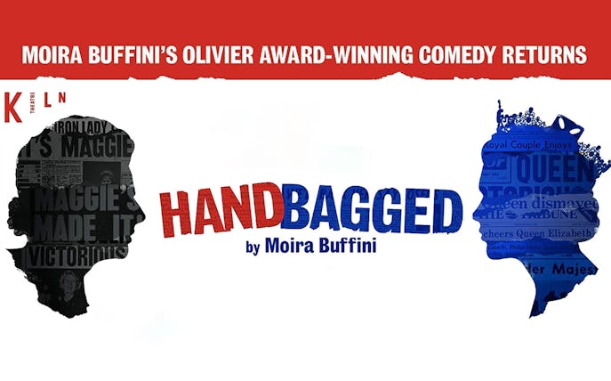Silhouettes of two figures with text 'Handbagged' by Moira Buffini, promoting comedy show.