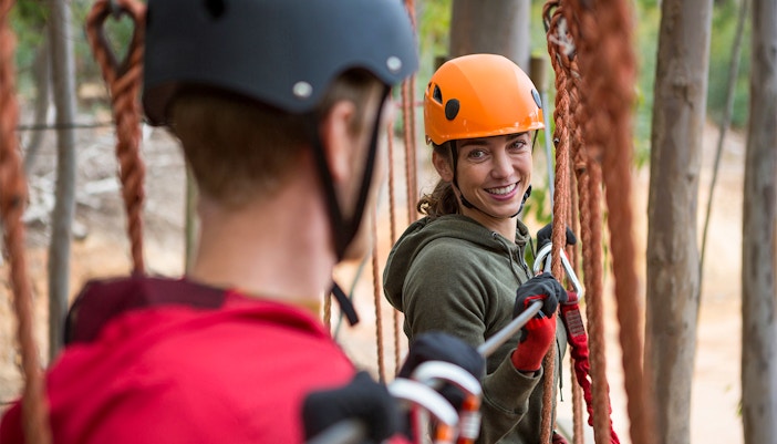 Visitors enjoy the Go Bananas obstacle course at ESCAPE Penang, Malaysia.