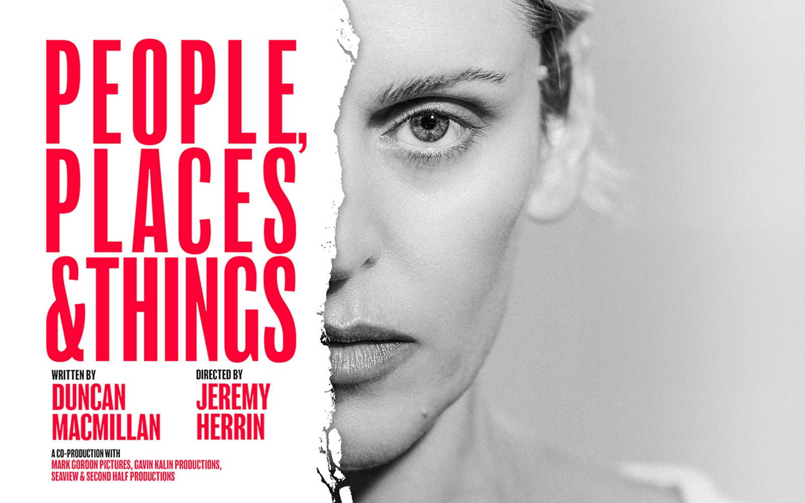 People, Places & Things play poster with half of a woman's face visible.
