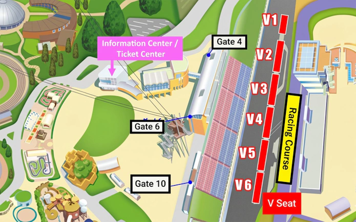 Map of Motul Grand Prix of Japan 2026 showing gates, seating, and ticket center.