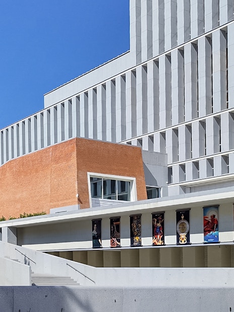 Exterior of the Gallery of Royal Collections in Madrid with modern architecture.