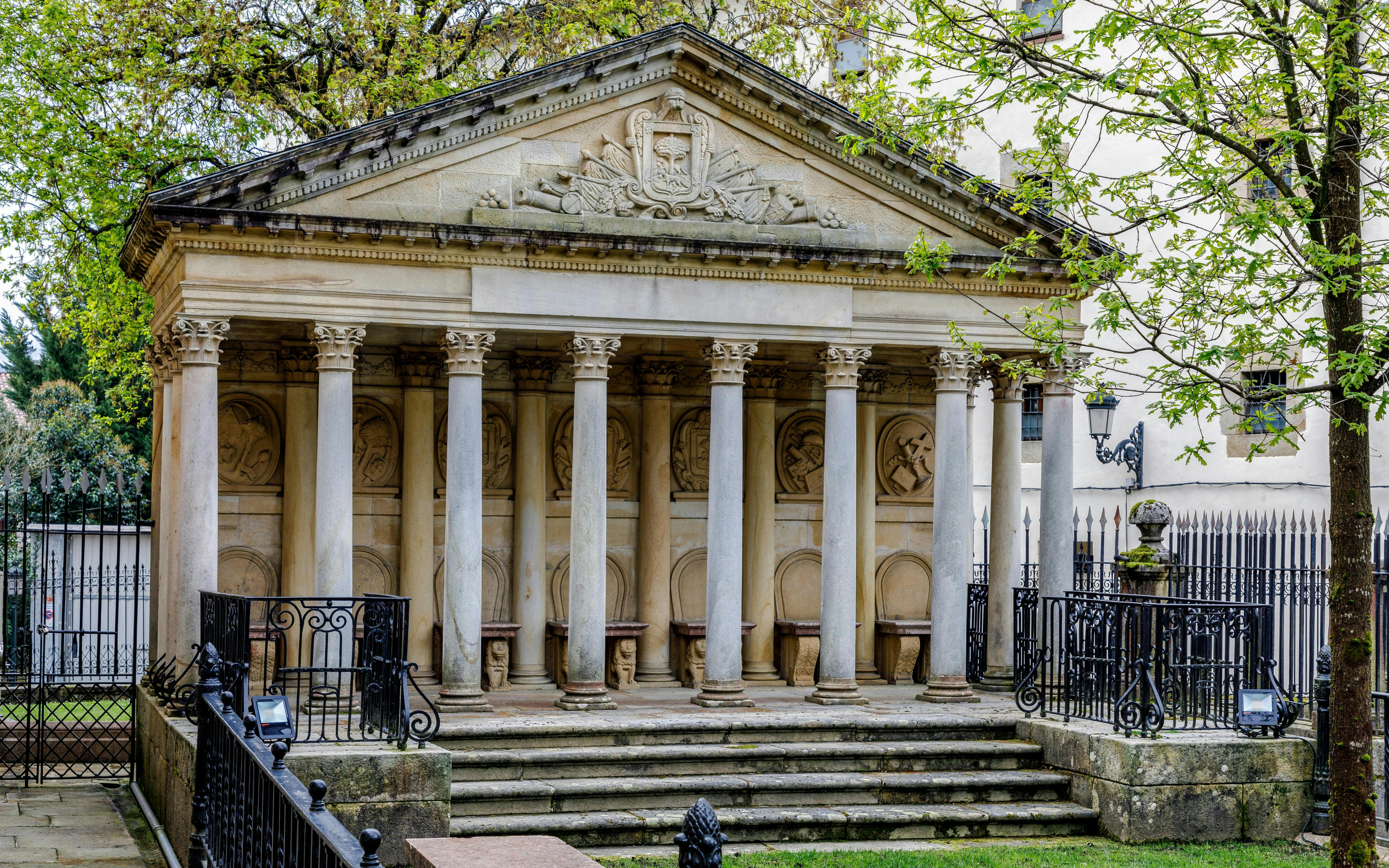 Gernika's Assembly House with columns near the "Old Tree" trunk, Spain.