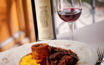 Santa Rita wine bottle and glass with gourmet meal, Santiago vineyard tour.