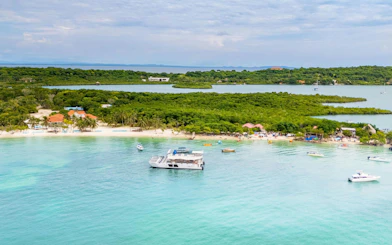 Catamaran anchored near a lush island beach in Cartagena, with small boats and clear blue water.