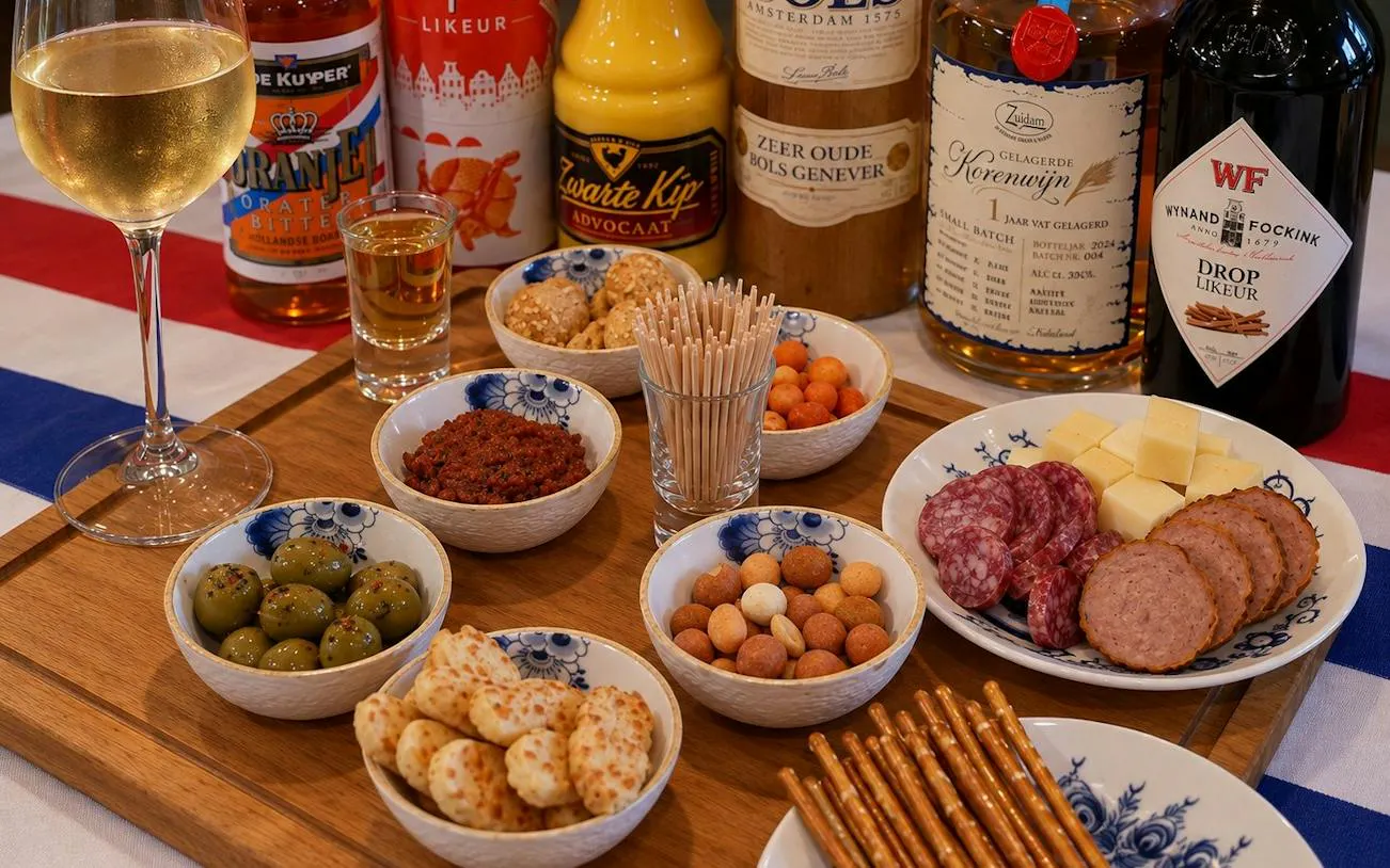 Dutch snacks and drinks assortment with cheese, sausage, olives, and liqueurs in Amsterdam.