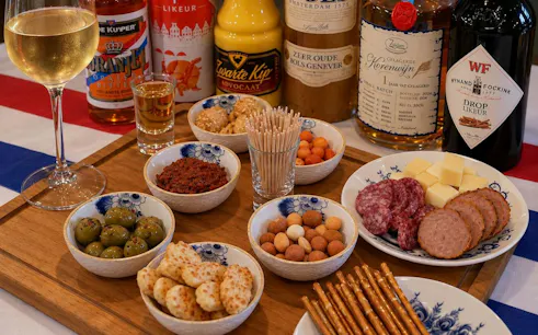 Dutch snacks and drinks assortment with cheese, sausage, olives, and liqueurs in Amsterdam.