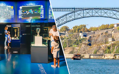 FC Porto museum exhibit and Douro River cruise under Dom Luís I Bridge in Porto.