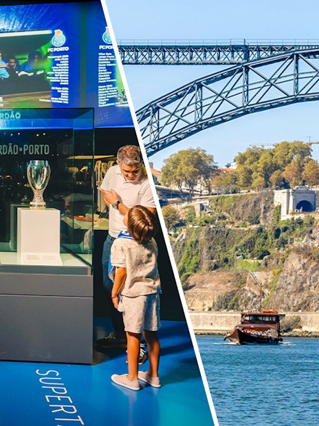 FC Porto museum exhibit and Douro River cruise under Dom Luís I Bridge in Porto.
