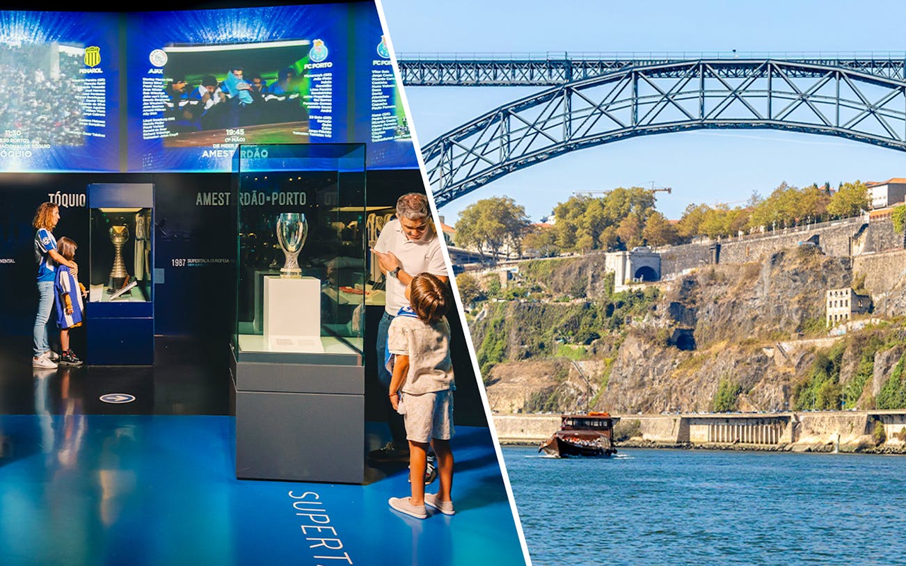FC Porto museum exhibit and Douro River cruise under Dom Luís I Bridge in Porto.