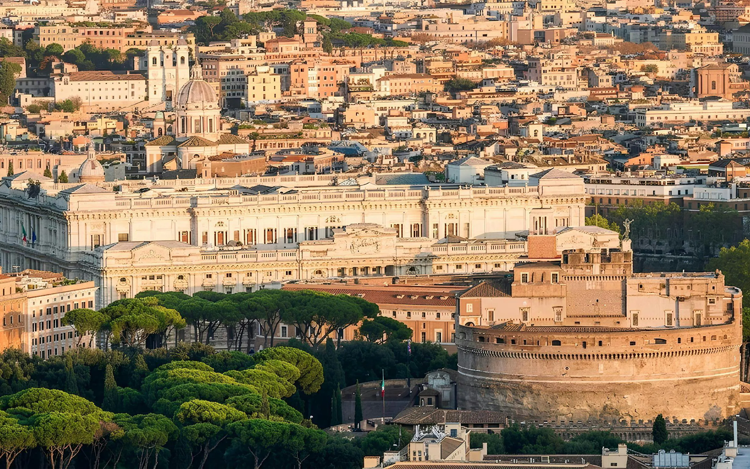Aerial view of Castel Sant'Angelo and surrounding buildings in Rome, Italy.
