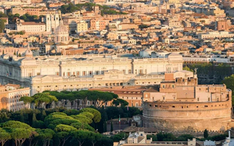Aerial view of Castel Sant'Angelo and surrounding buildings in Rome, Italy.