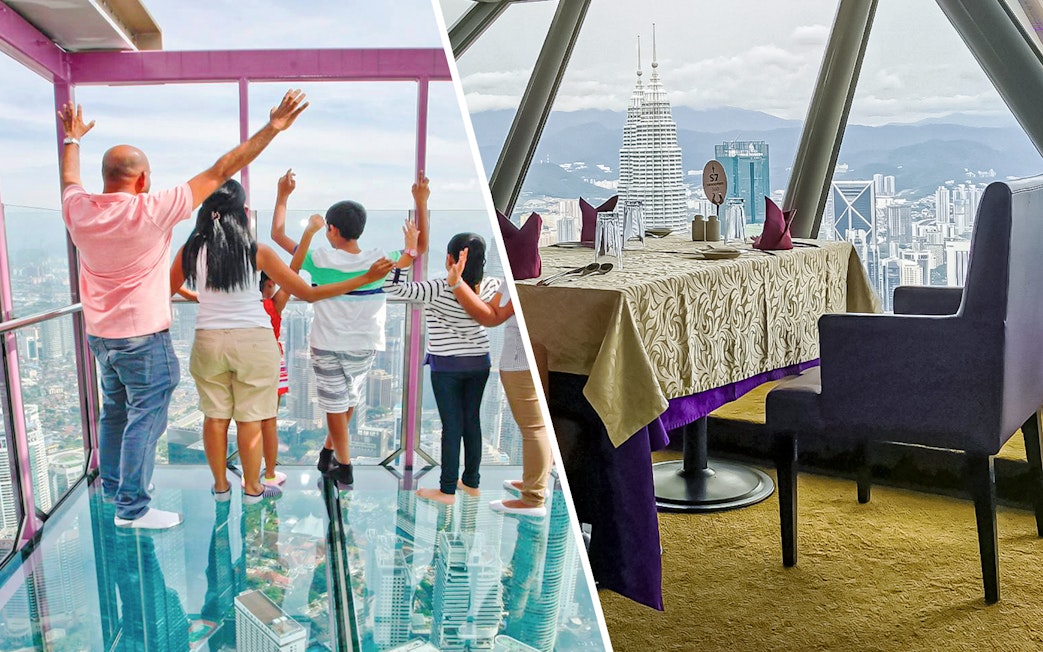 Visitors enjoying the glass floor view and dining at ARAS 360 Revolving Restaurant, KL Tower.