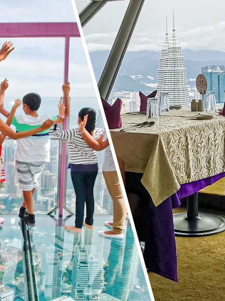 Visitors enjoying the glass floor view and dining at ARAS 360 Revolving Restaurant, KL Tower.