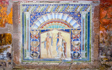 Mosaic of Neptune and Amphitrite at Herculaneum's House of Neptune, Italy.
