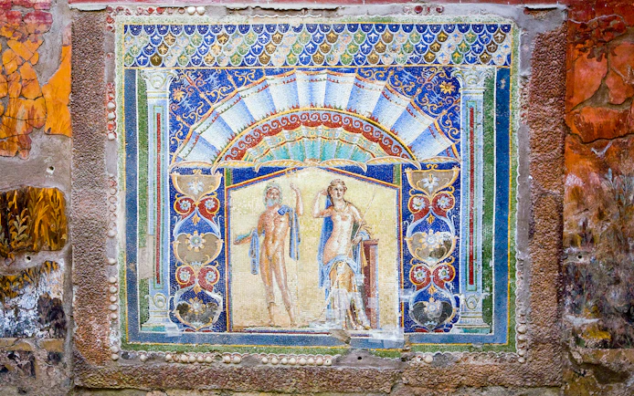 Mosaic of Neptune and Amphitrite at Herculaneum's House of Neptune, Italy.