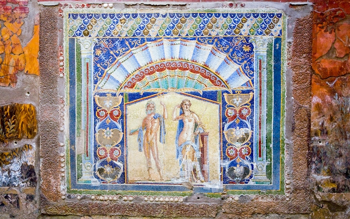 Mosaic of Neptune and Amphitrite at Herculaneum's House of Neptune, Italy.