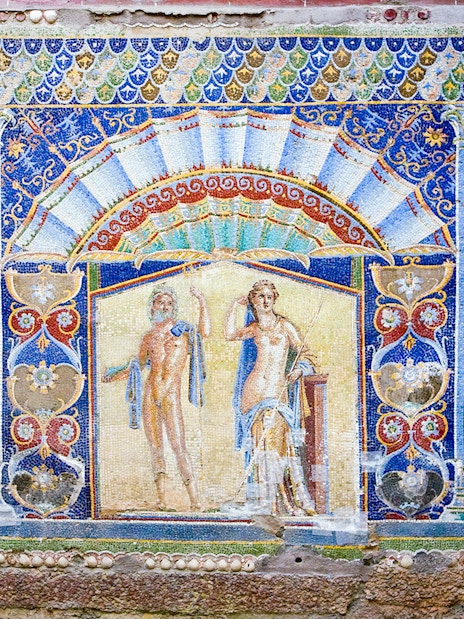 Mosaic of Neptune and Amphitrite at Herculaneum's House of Neptune, Italy.