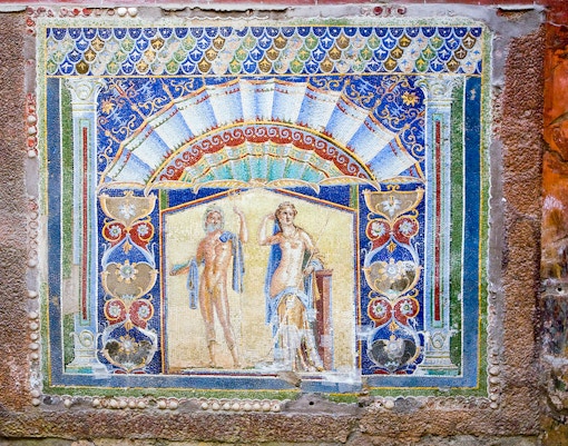 Mosaic of Neptune and Amphitrite at Herculaneum's House of Neptune, Italy.