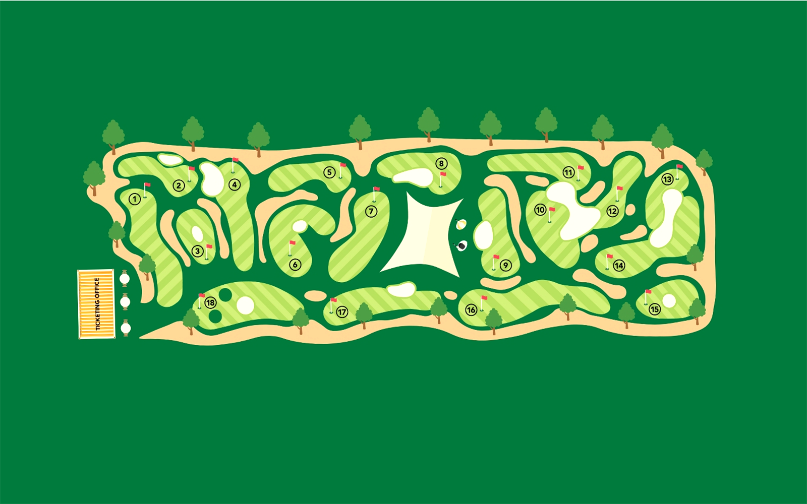 Golf course layout with 18 holes, trees, and pathways for UltraGolf General Ticket.