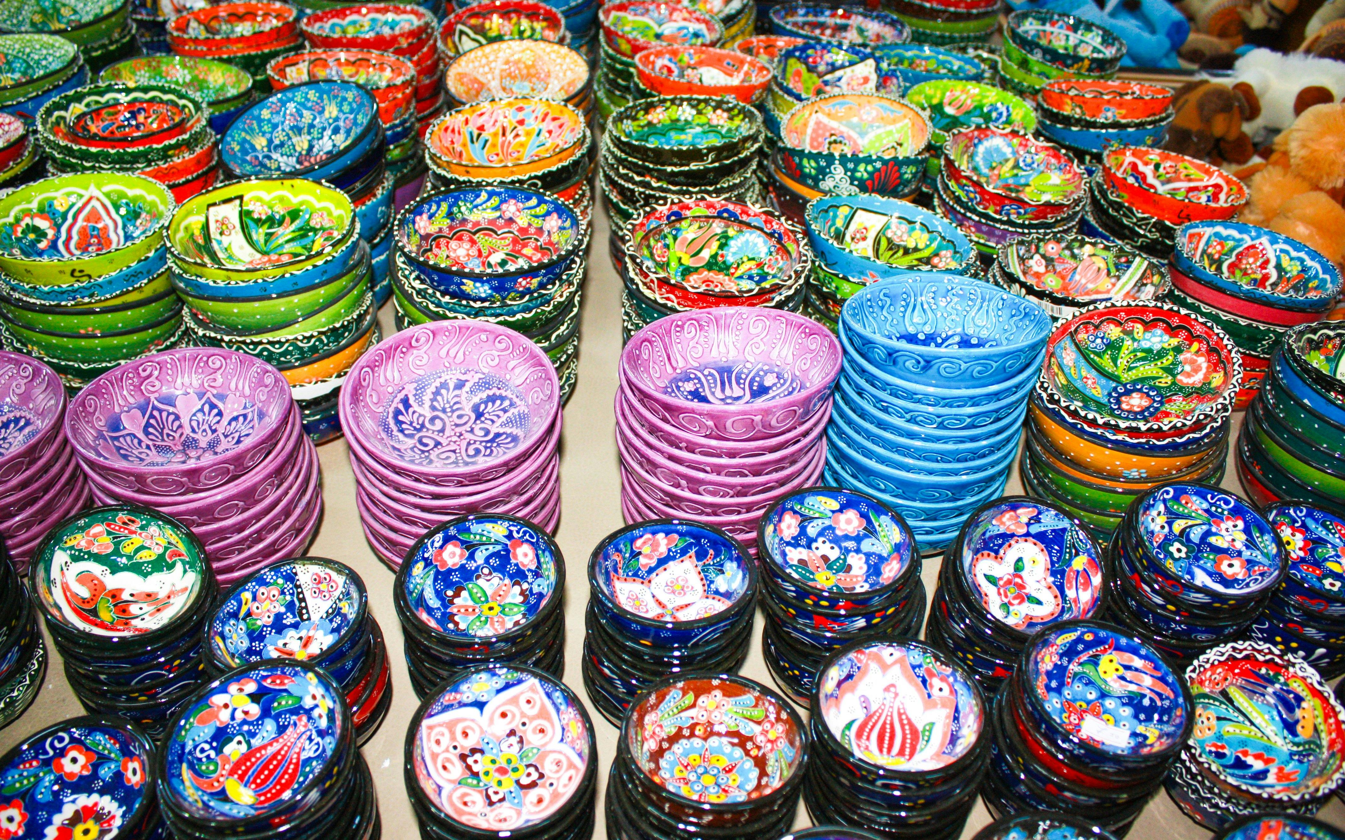 Colorful ceramic bowls at a souk in Jordan.