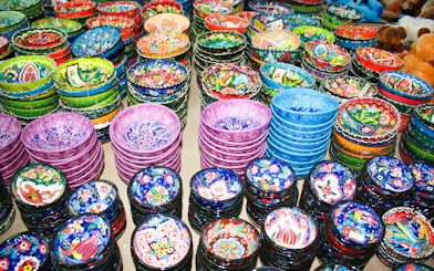 Colorful ceramic bowls at a souk in Jordan.