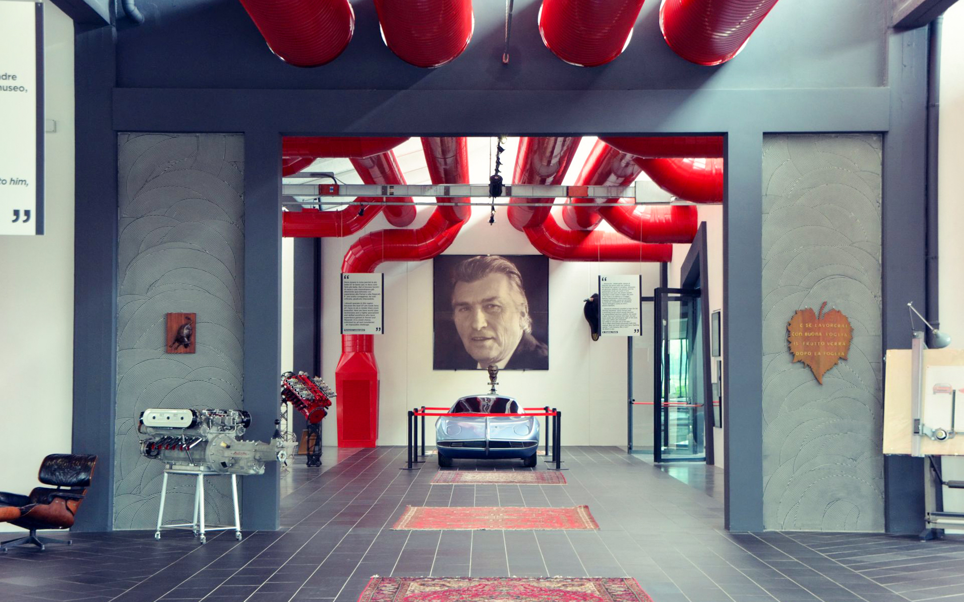 Ferruccio Lamborghini Museum interior with car display in Bologna, Italy.