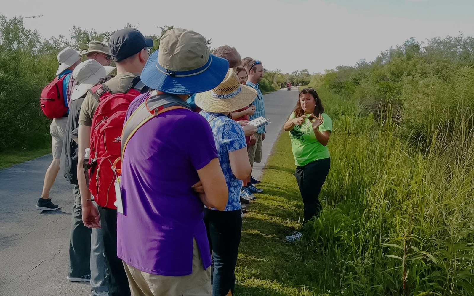Guests listening to tour guide on Everglades Nature trail during guided walk.