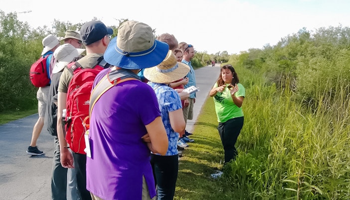 Guests listening to tour guide on Everglades Nature trail during guided walk.