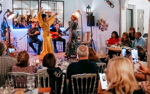 Flamenco performance at Cepa Doble Tavern in Córdoba with audience watching.