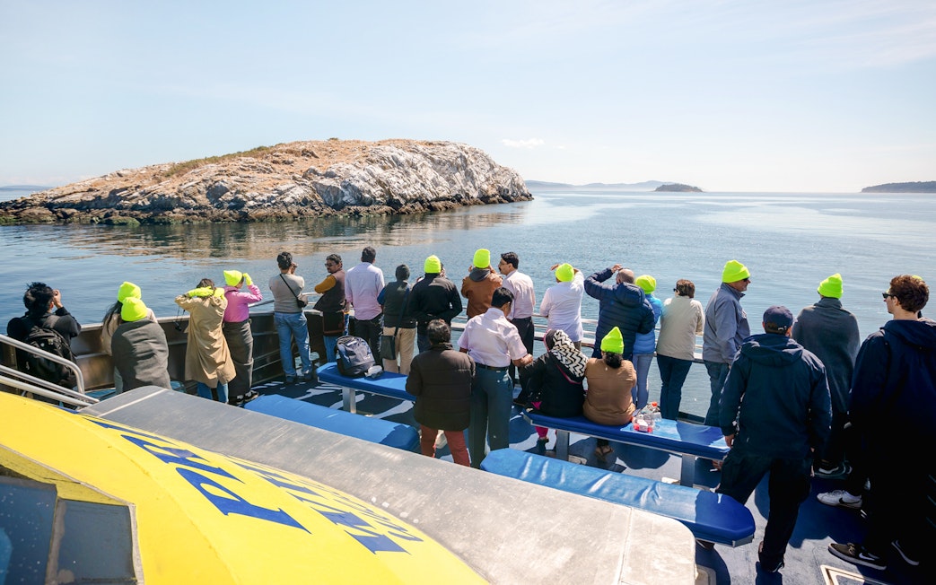 Group on a whale watching tour with Prince of Whales in Vancouver, viewing ocean and islands.